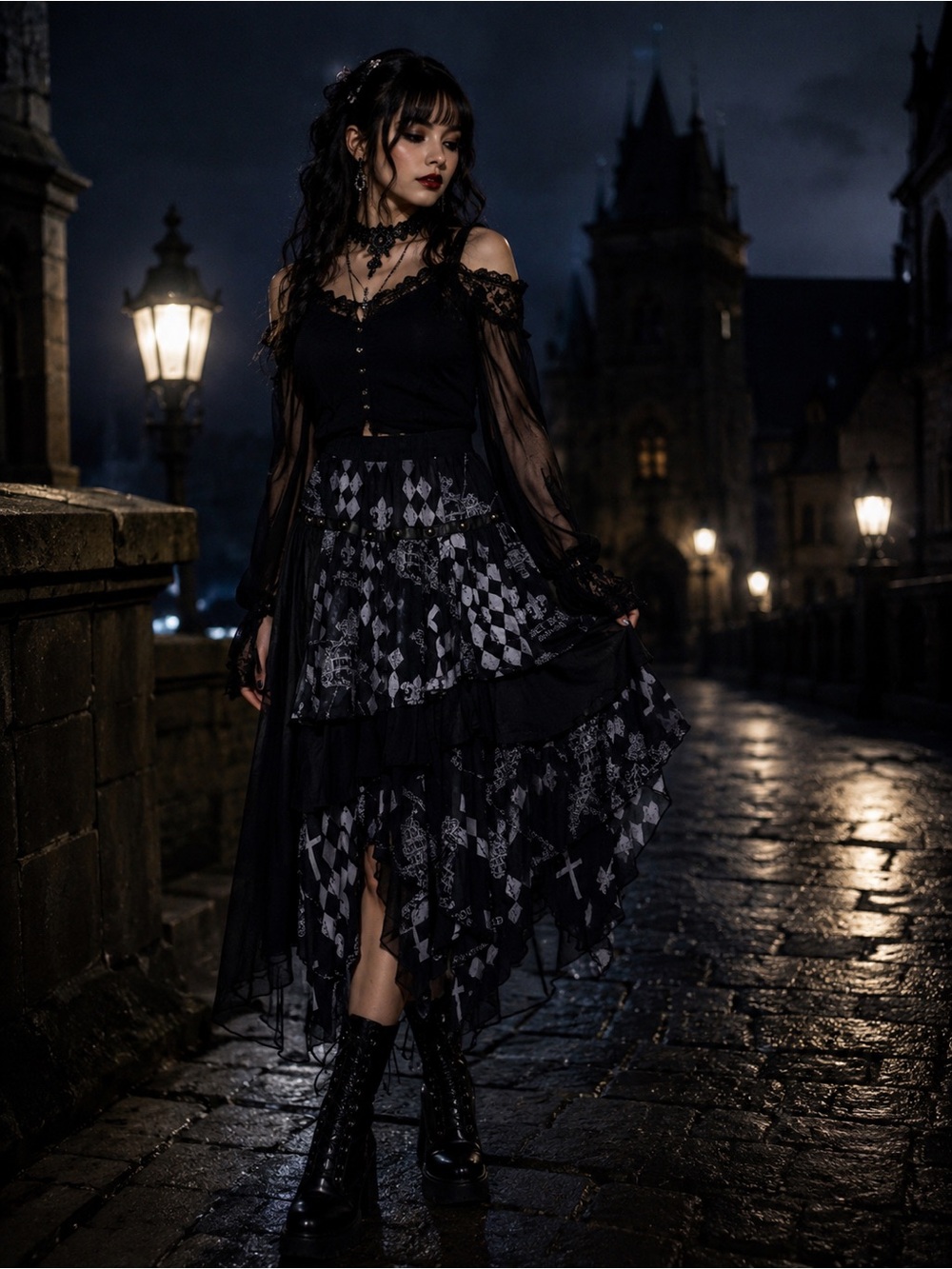 Adonna Black and White Asymmetrical Layered Gothic Skirt